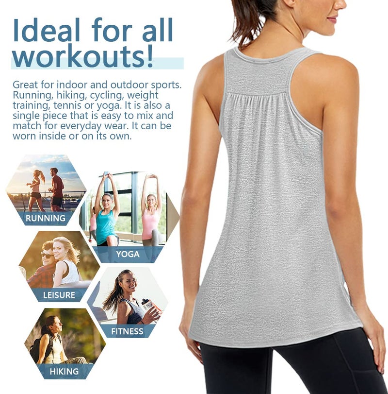 Miusey Sleeveless Tops for Women Ladies Loose Summer Cotton Casual Sports Flowy Cute Moisture Wicking Exercise Workout Racerback Tank Grey M - Image 3